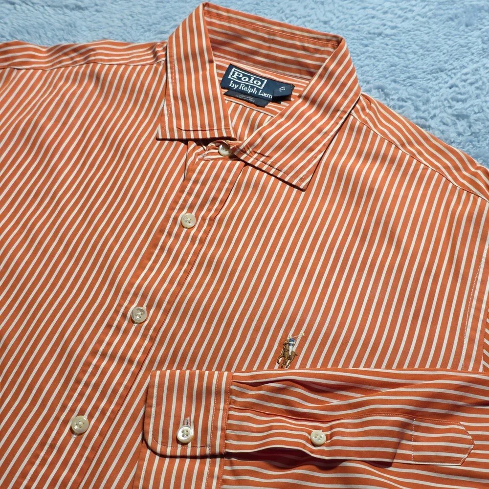 Vintage Polo Ralph Lauren Stanton Custom Fit Shirt Men's XL Orange White Striped